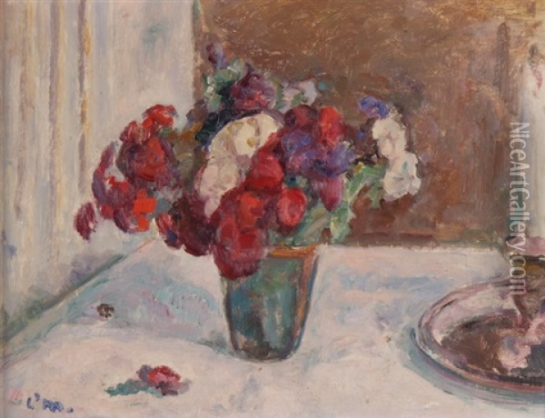 Blumenvase Auf Weiss Gedecktem Tisch Oil Painting - Louis Henri de Meuron