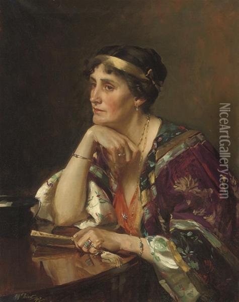 Portrait Of Mrs Radcliffe, Seated Half-length, At A Table In An Oriental Gown Oil Painting - Alfred Priest