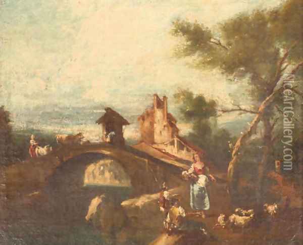 A river landscape with a herdsman resting near a bridge, a fortress beyond Oil Painting - Giuseppe Zais