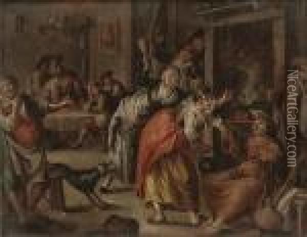 A Monk Drunk In A Tavern - The 
Reverse Of The Panel Painted Withthe Bust Of A Man; And A Monk Selling 
Relics In A Tavern Oil Painting - William Hogarth