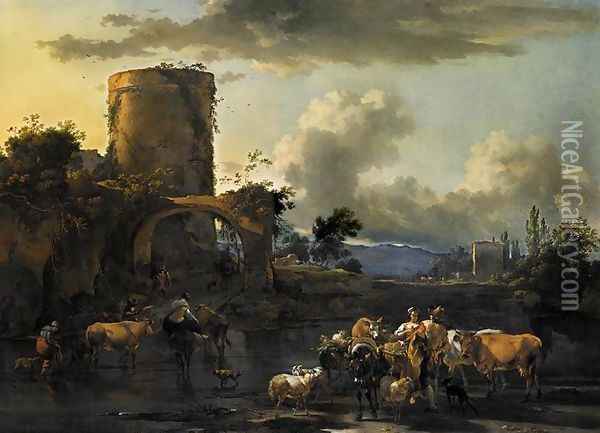 Evening Landscape 1661-63 Oil Painting - Nicolaes Berchem