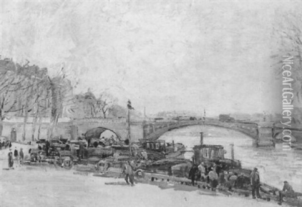 Debarquement Des Peniches Sur La Seine A Paris Oil Painting - Gustave Madelain