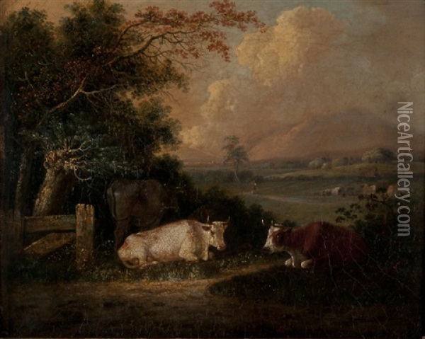 Environs De Rouen Avec Au Loin Le Mont Gargan, Vaches Au Premier Plan Oil Painting - George Vincent