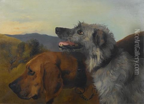 A Blood Hound And A Deerhound In A Landscape Oil Painting - George William Horlor