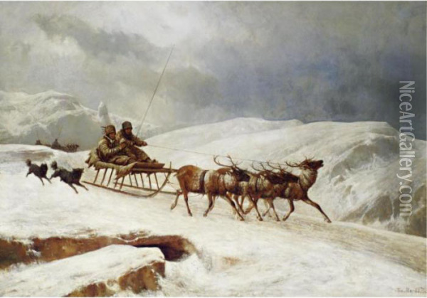 A Brisk Reindeer Sleigh Ride Oil Painting - Andras Markos