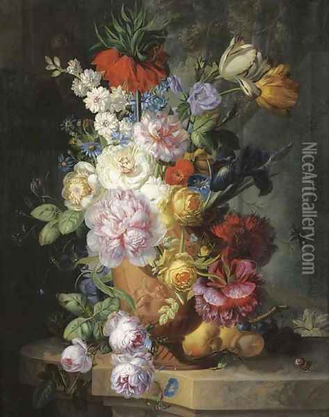 Roses, parrot tulips, an iris, morning glory and other flowers in a sculpted vase Oil Painting - Jan Keldermann