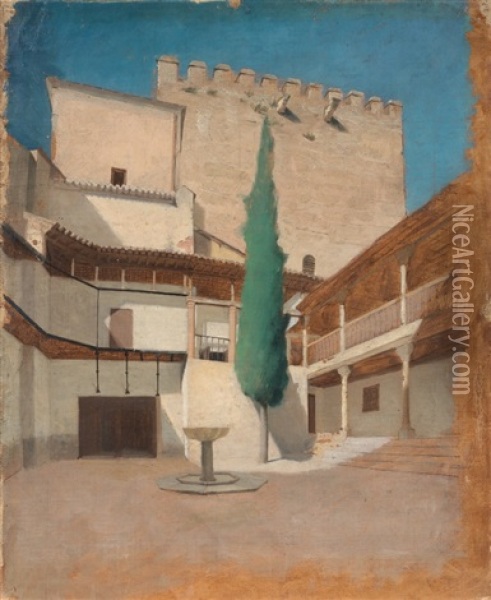 Alhambra, Cortile Con Cipresso Oil Painting - Filadelfo Simi