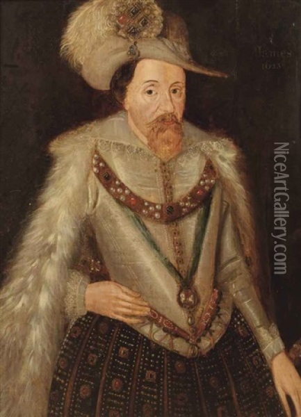 Portrait Of King James I Of England, In Armour With A Fur-lined-cloak And A Feathered Hat With A Jewel Oil Painting - John Decritz the Elder