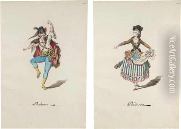 Three Pairs Of Designs For Theatrical Costumes: Pandurro And Pandurra; Spagnuolo And Spagnuola; And Provenzale And Provenzala Oil Painting - Leonardo Marini