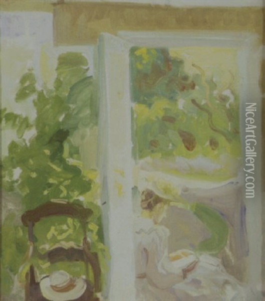Siddende Laesende Kvinde I Abendstaende Havedor Oil Painting - Anna Kirstine Ancher