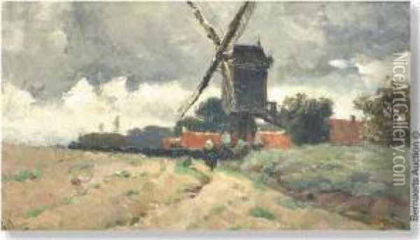 Woman Onwoodpath Near Windmill Oil Painting - Isidore Meyers