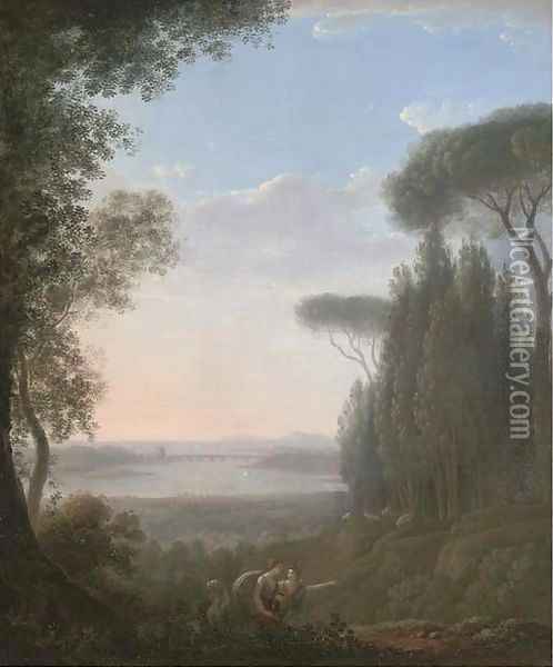 A wooded hilltop landscape with figures in the foreground, a bridge over a lake beyond Oil Painting - Pierre-Henri de Valenciennes