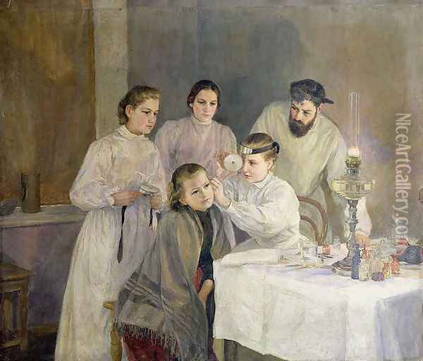 Scene in a Russian Hospital The Ear Inspection Oil Painting - Emily Shanks