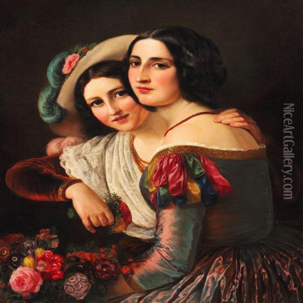 Two Young Italian Women Dressed In Colourful Gowns For The Carnival Oil Painting - Anna Maria Elisabeth Jerichau-Baumann