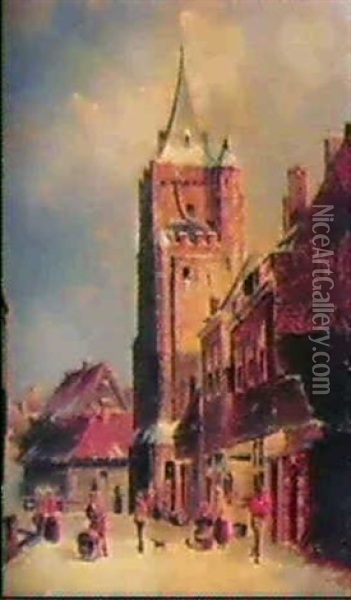 Hollandsk Gatuscen, Vinter Oil Painting - Adrianus Eversen