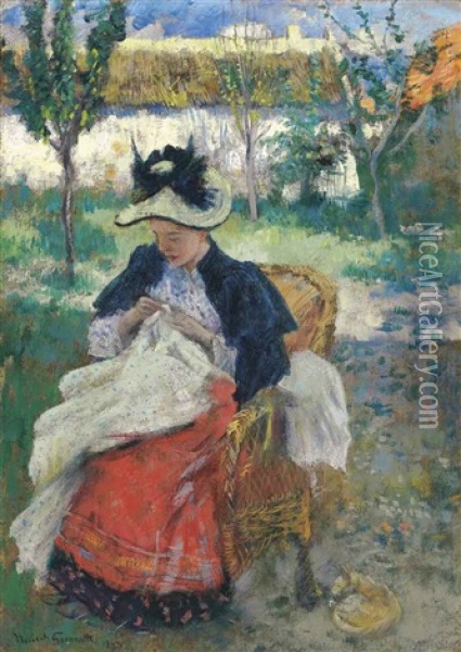 Jeune Femme A Sa Couture Oil Painting - Norbert Goeneutte