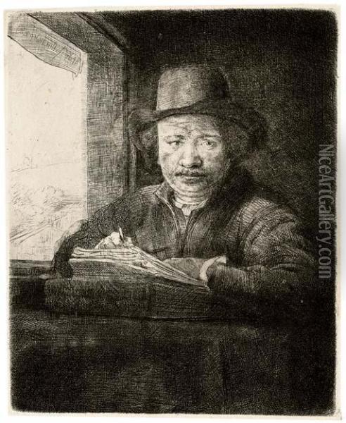 Self-portrait Drawing At A Window (b., Holl. 22; H. 229) Oil Painting - Rembrandt Van Rijn