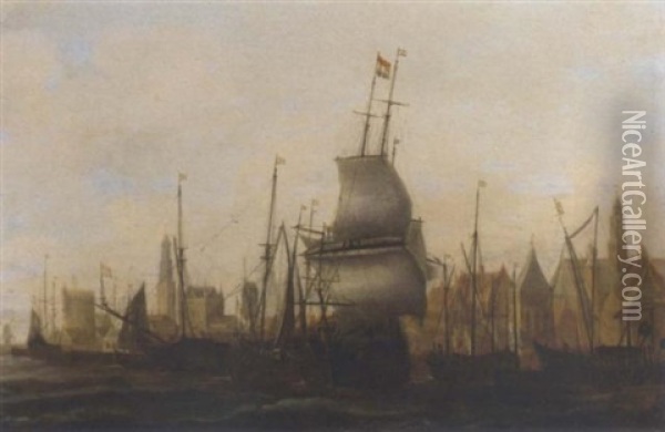 Three Masters And Other Vessels Moored At A Quay Oil Painting - Jacob Adriaenz. Bellevois