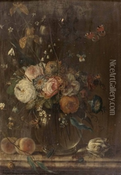 Blumen In Glasvase Mit Zahlreichen Insekten Oil Painting - Johann Matthias Wurzer