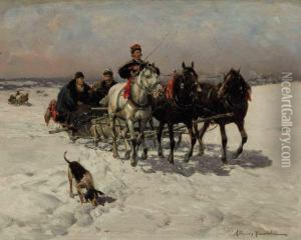 Troikas Racing Across The Steppes Oil Painting - Alfred Wierusz-Kowalski