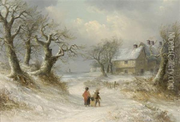 Faggot Gatherers In A Snow Covered Landscape Oil Painting - Thomas Smythe