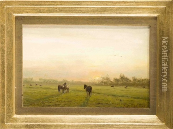 Stimmungsvolle Landschaft Mit Weidenden Pferden Bei Sonnenaufgang Oil Painting - Johannes Joseph Destree
