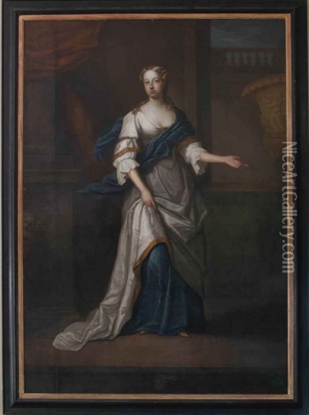 Portrait Of A Lady, Full-length, In An Oyster Satin Dress And Blue Wrap, Standing Beside A Classical Urn Oil Painting - Michael Dahl