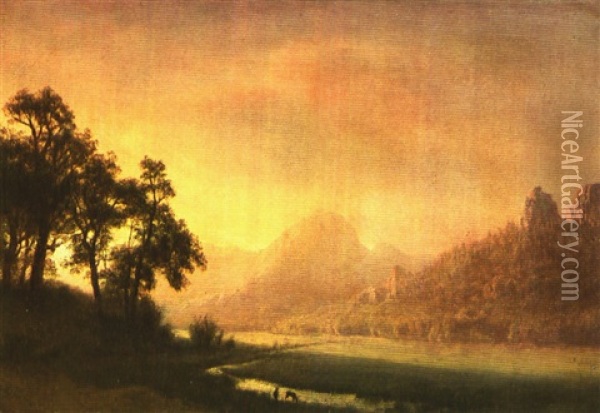 Western Landscape At Sunset Oil Painting - Albert Bierstadt