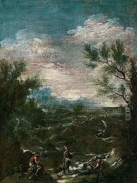 A coastal landscape with a turbaned man and other figures in the foreground Oil Painting - Alessandro Magnasco