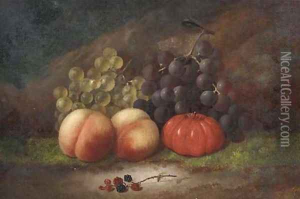 Grapes, blackberries, peaches and a tomato on a mossy bank Oil Painting - George Crisp