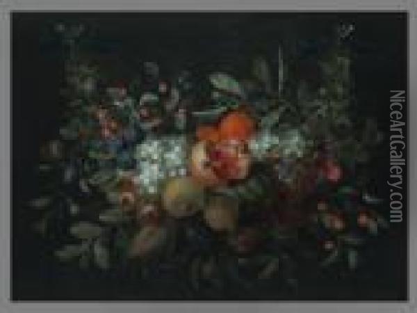 Fruchtegirlande Mit Granatapfeln, Limonen Und Feigen
18,5 X 25 Cm. Ol/lwd Oil Painting - Jan Pauwel Ii Gillemans