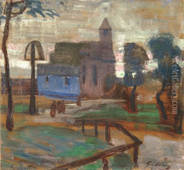 Landscape With Monastery Oil Painting - Lajos Gulacsy