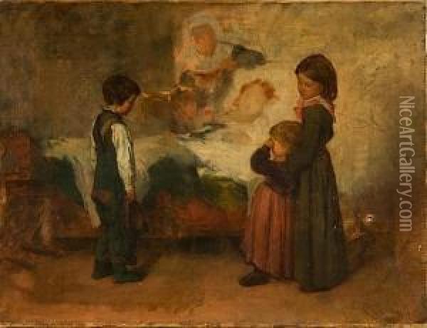 Enfants Pres Du Lit De Leur Mere Oil Painting - Antoine Edouard Joseph Moulinet