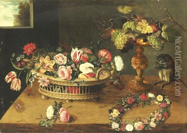 Flowers In A Basket, Monkey And Flowers Wreath Oil Painting - Jan Brueghel the Younger