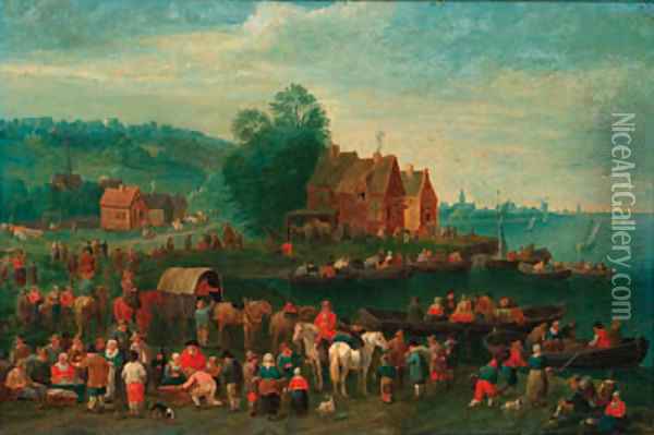 A river landscape with townsfolk waiting to alight boats, a town beyond Oil Painting - Theobald Michau