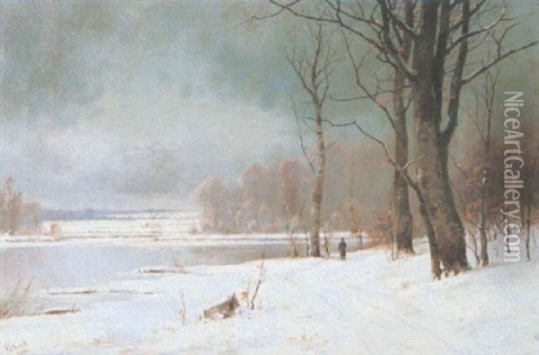Verschneite Fluslandschaft Mit Wanderer Oil Painting - Alexander Schmidt