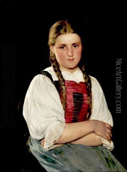 Portrait Of A Young Girl With Braids Oil Painting - Hugo Kauffmann