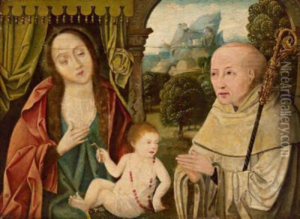 Maria Con Il Bambino E Un Santo Abate Oil Painting - Joos Van Cleve