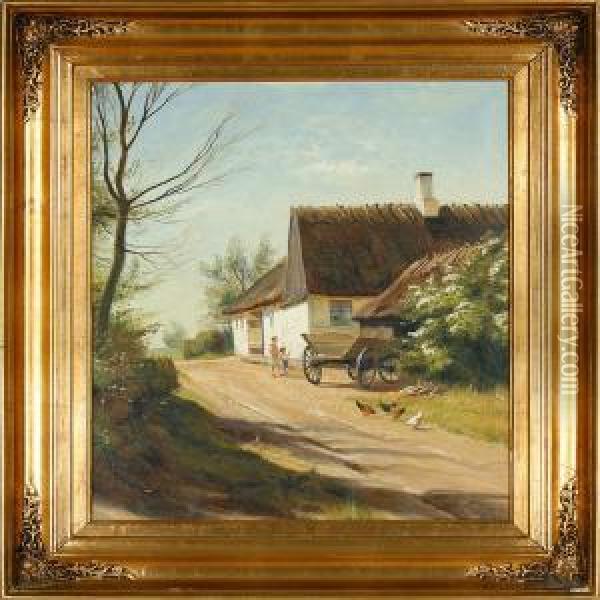 Village Street Withchildren And Chickens Oil Painting - Vilhelm Steffensen