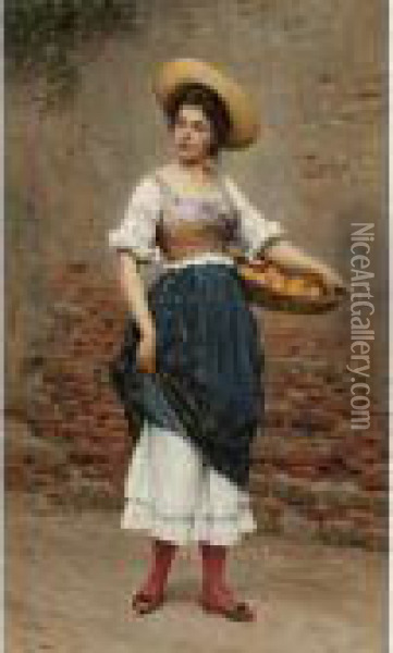 Young Woman With Basket Of Oranges And Lemons Oil Painting - Eugene de Blaas