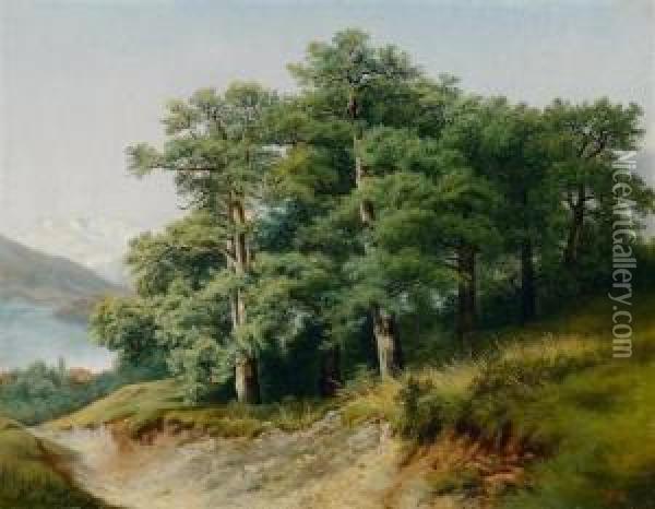 Group Of Oaks At The Lakeside. Oil Painting - Robert Zund