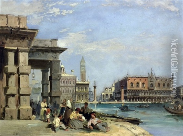 View Of St. Mark's Square And Doges Palace From Santa Maria Della Salute, Venice Oil Painting - Edward Pritchett