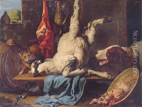 A Dog Confronting A Cat In The Vicinity Of A Dead Lamb Suspended Above A Wooden Table Draped With A Blue Cloth Oil Painting - Giovanni Francesco Briglia