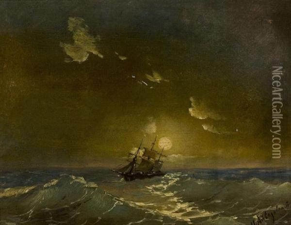 A Ship In Moonlit Waters Oil Painting - Ivan Konstantinovich Aivazovsky