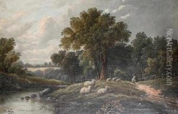 A Shepherd Resting On A Riverbank; A Cottagein A River Landscape, A Pair Oil Painting - Etty Horton
