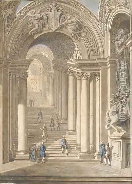 The Scala Regia in Saint Peter's Basilica, Rome, with the statue of Constantine to the right Oil Painting - Francesco Panini