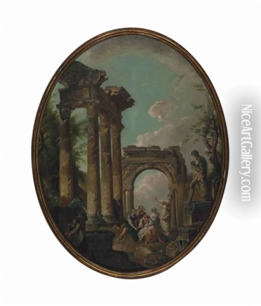 A Capriccio Of Classical Ruins With Shepherds And Travellers Resting By An Arch Oil Painting - Giovanni Paolo Panini