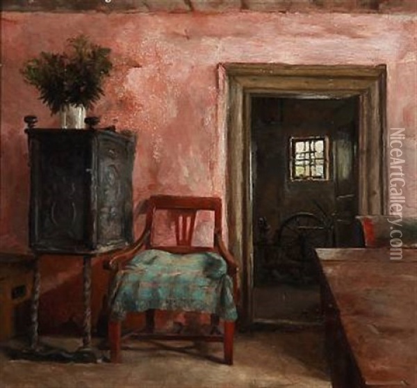 Rosy Interior With A Cast Iron Oven And A Spinning Wheel In Room Next Door Oil Painting - Marie Kroyer