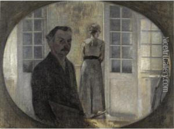 Interior Med Kunstneren Og Hans 
Hustru (double Portrait Of The Artist And His Wife, Seen Through A 
Mirror) Oil Painting - Vilhelm Hammershoi