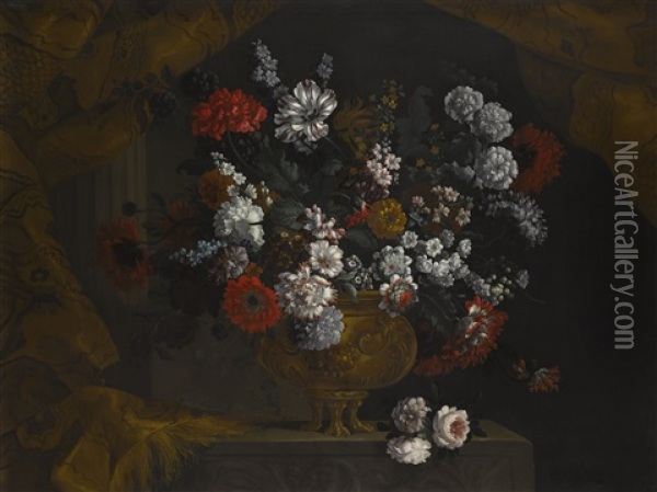 Still Life Of Flowers In A Gilt Urn On A Stone Ledge Oil Painting - Pieter Casteels III